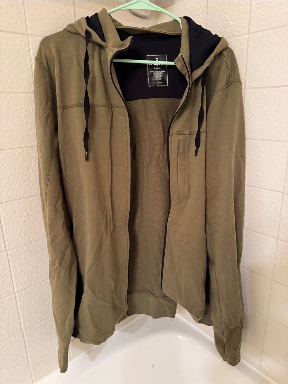 Tommy John Olive Green Hooded Zip-Up Jacket with Black Lining